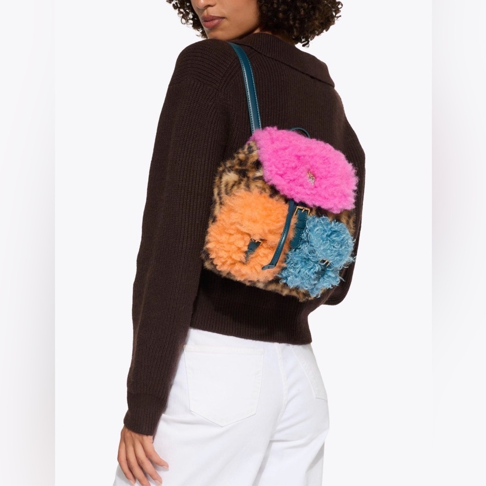 🩷🧡KURT GEIGER LONDON SMALL HOXTON MULTICOLOR🐆FUR BACKPACK🎒🩵🤎 - Picture 2 of 10